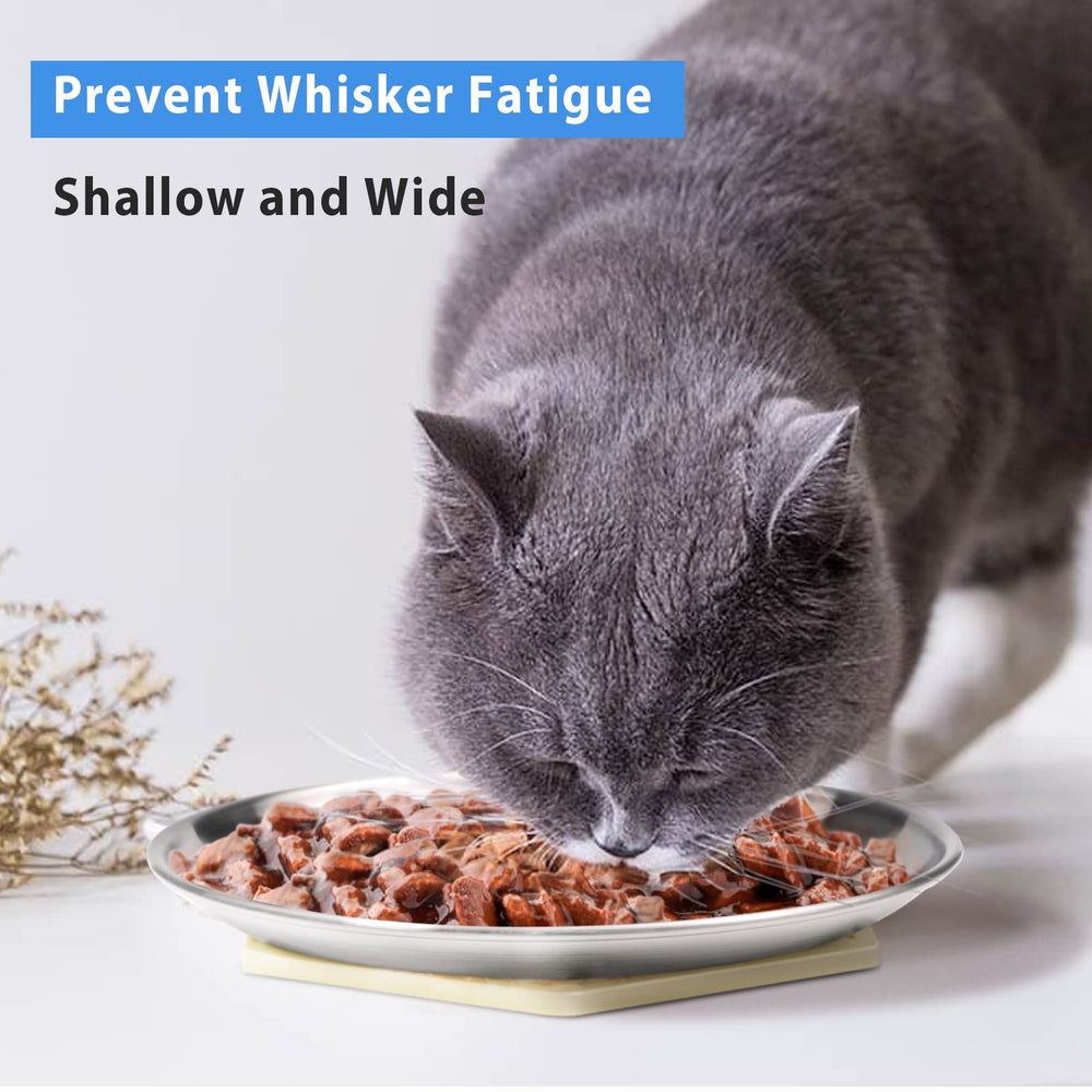 Harhana cat dishes shallow design minimizes whisker contact during meals.