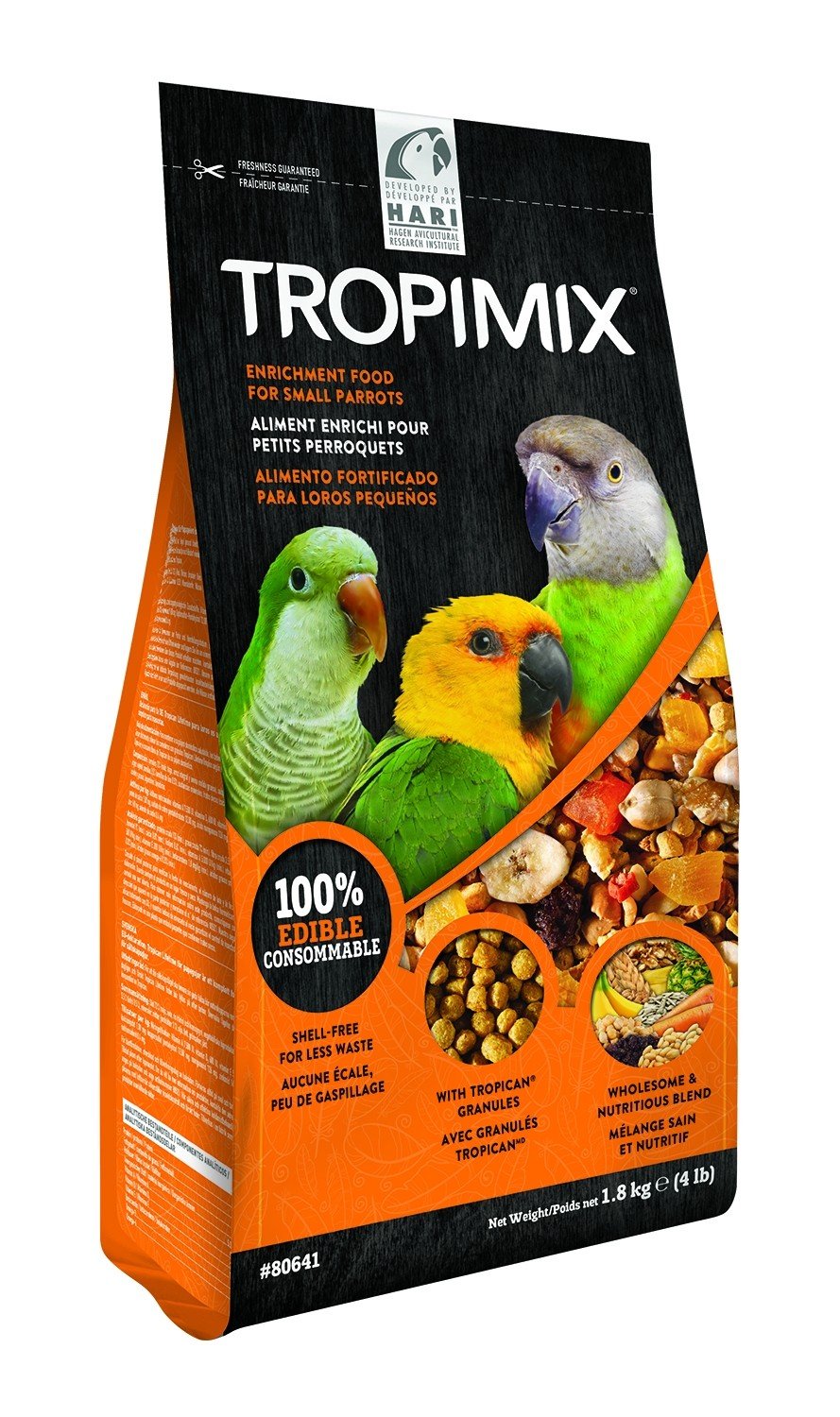 Hari Hagen Tropimix extruded granules serving plate shows nutrient-rich bites for feather health.