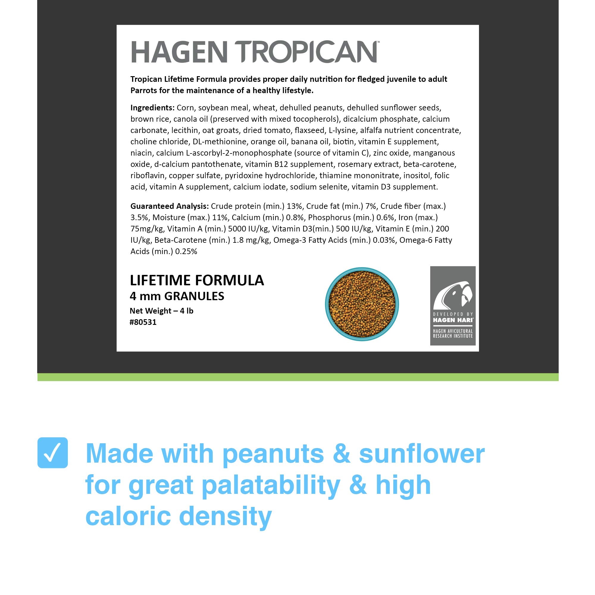 HARI Tropican 4mm granules in a dish supporting easy parrot eating