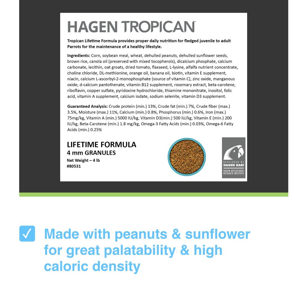 HARI Tropican 4mm granules in a dish supporting easy parrot eating