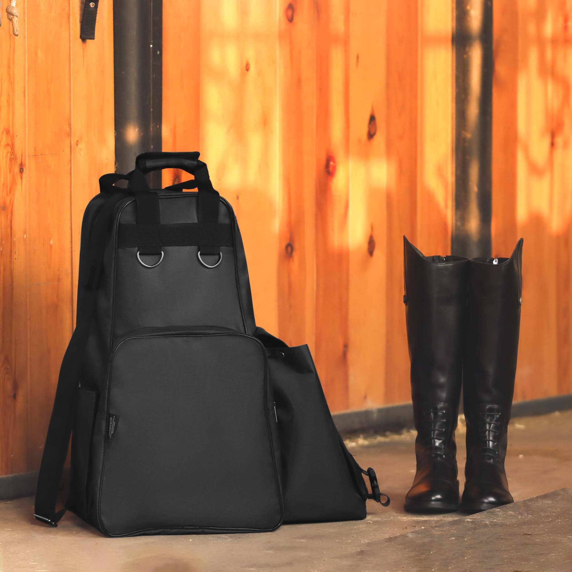 Harrison Howard equestrian pack dimension-21-5-inch-boot-bag protects tall boots during travel.