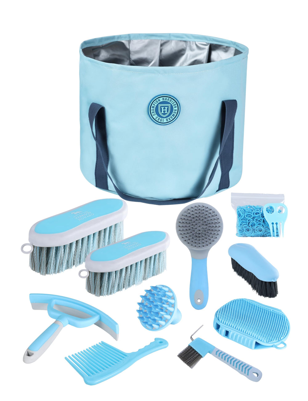 Harrison Howard nine-piece grooming kit organized in soft-blue tote for easy grooming sessions.