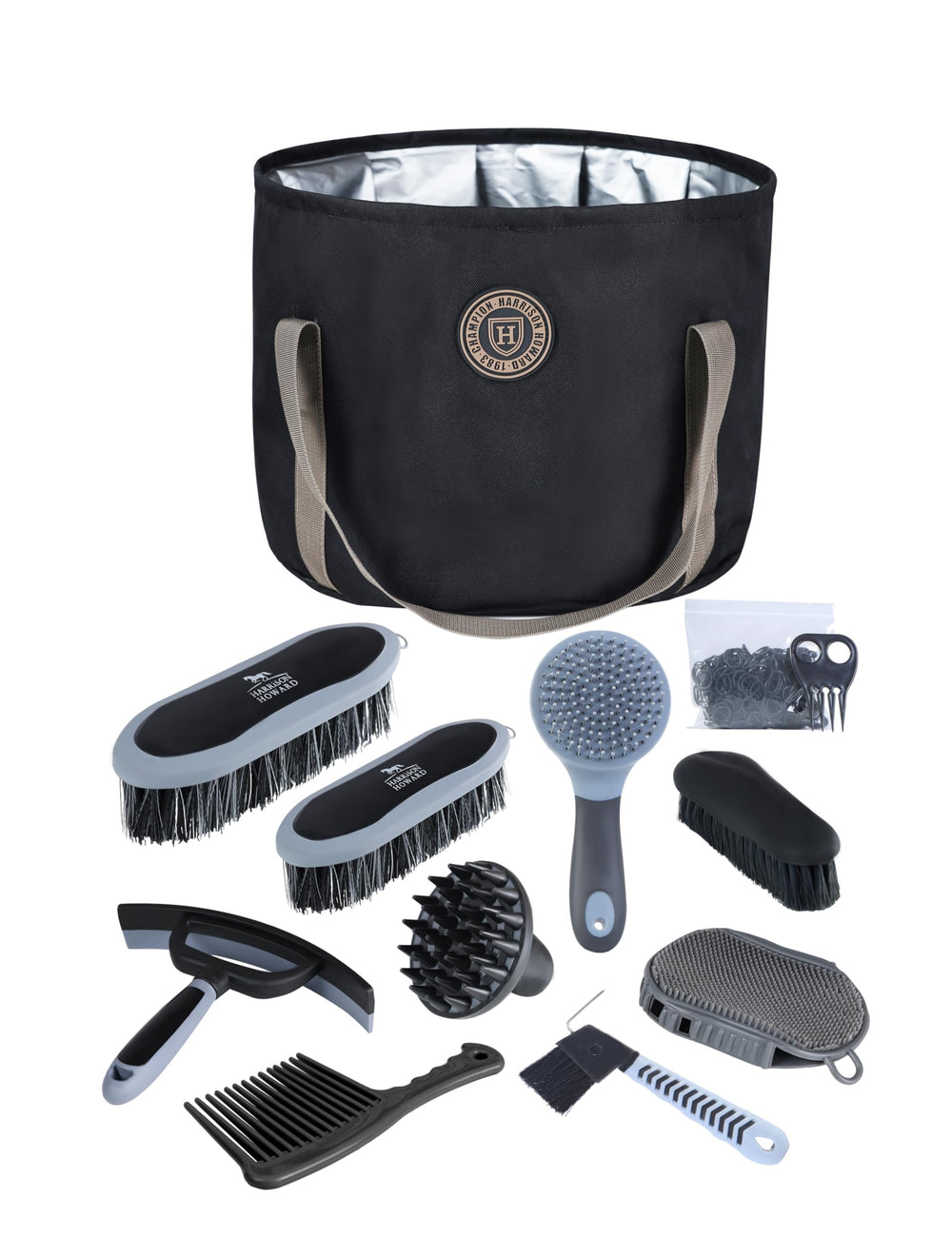 Harrison Howard horse grooming kit front view in black for organized grooming