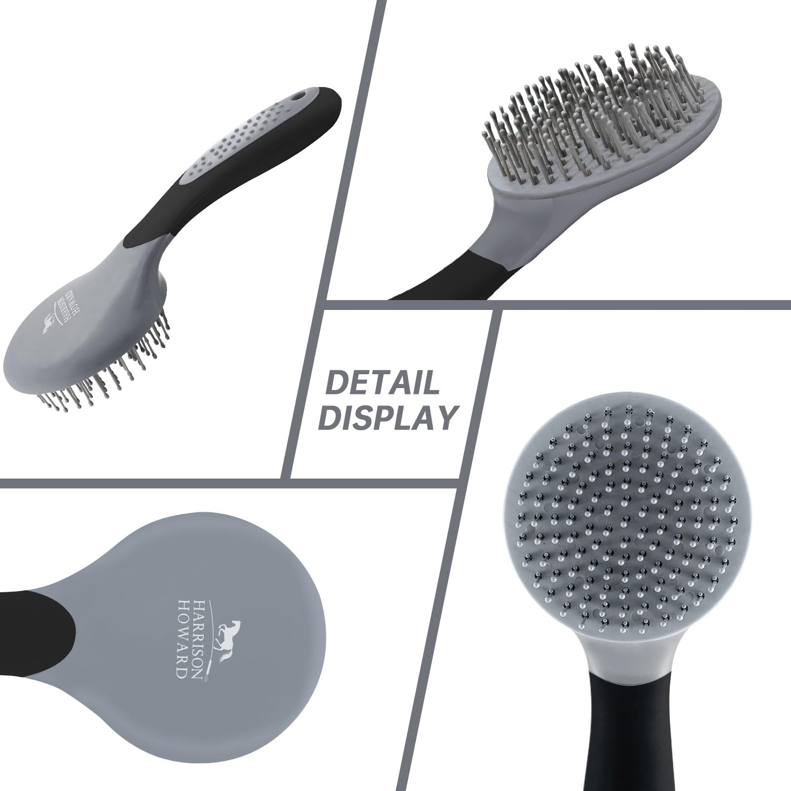 Harrison Howard brush in side grip demonstrates non-slip comfort during grooming.
