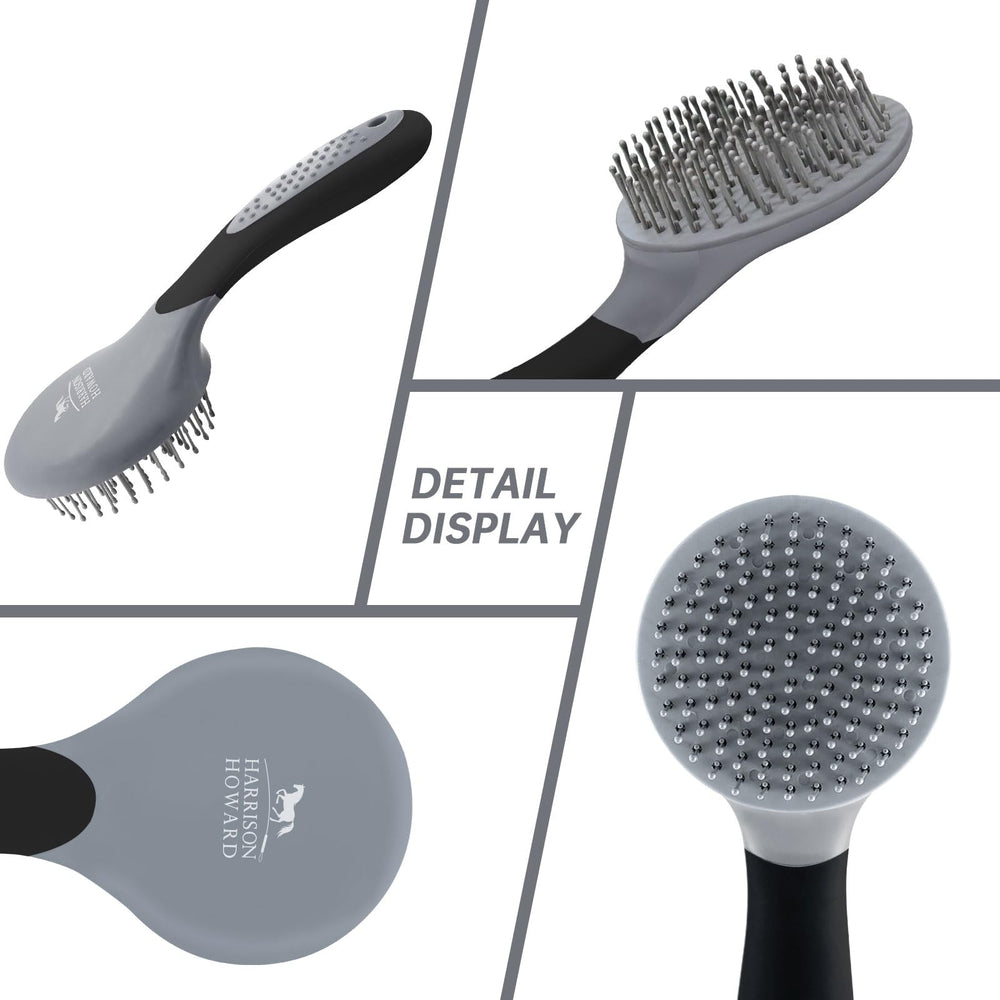 Harrison Howard brush in side grip demonstrates non-slip comfort during grooming.