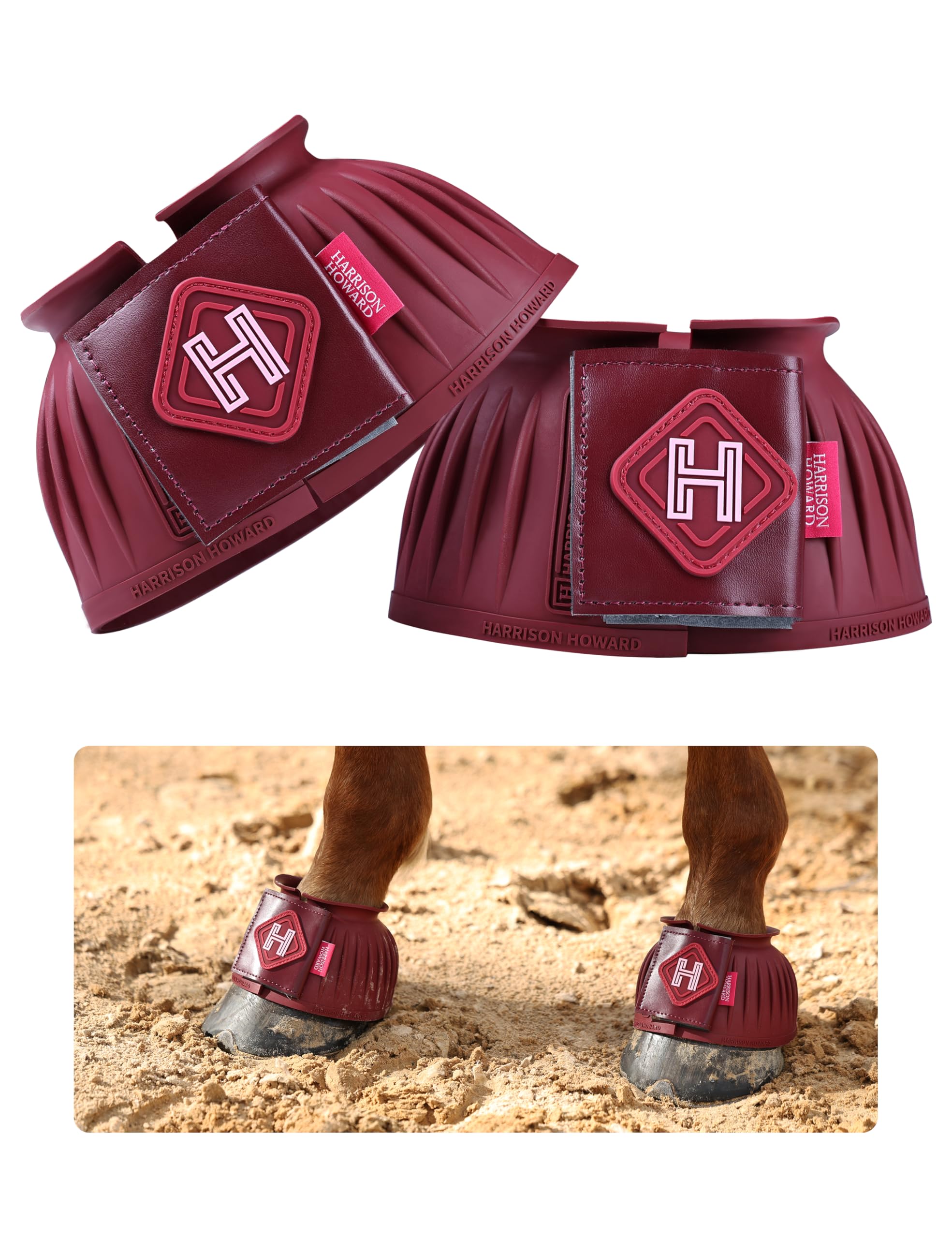 Harrison Howard rubber bell boots front view with full hoof protection
