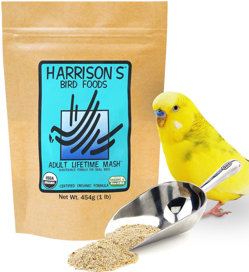 Harrison's Adult Lifetime Mash bag closeup highlighting organic ingredients for parrots.