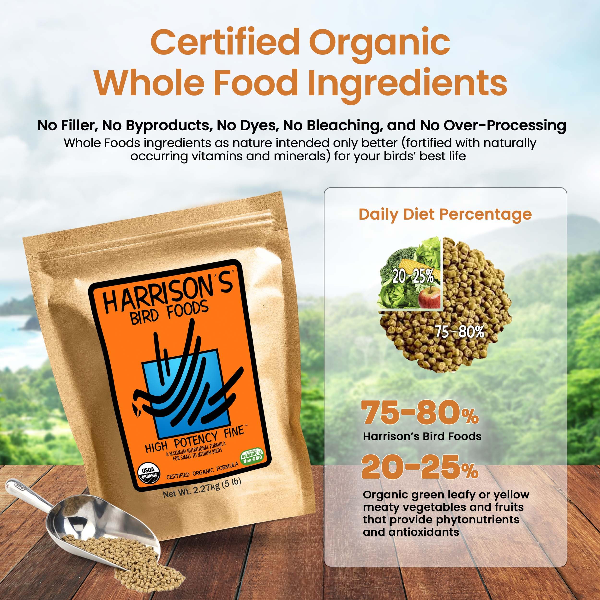 Harrison's organic bag front shows clean packaging and pesticide-free promise.