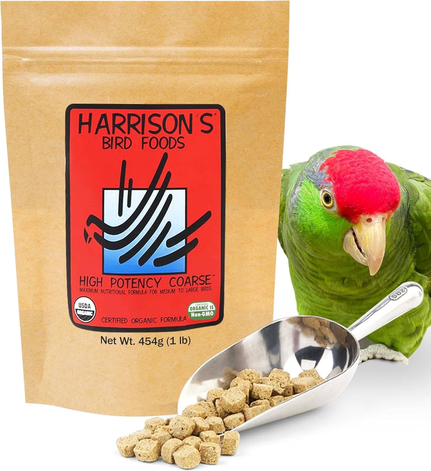 Harrison's High Potency Coarse bag label highlighting certified organic ingredients for balanced nutrition
