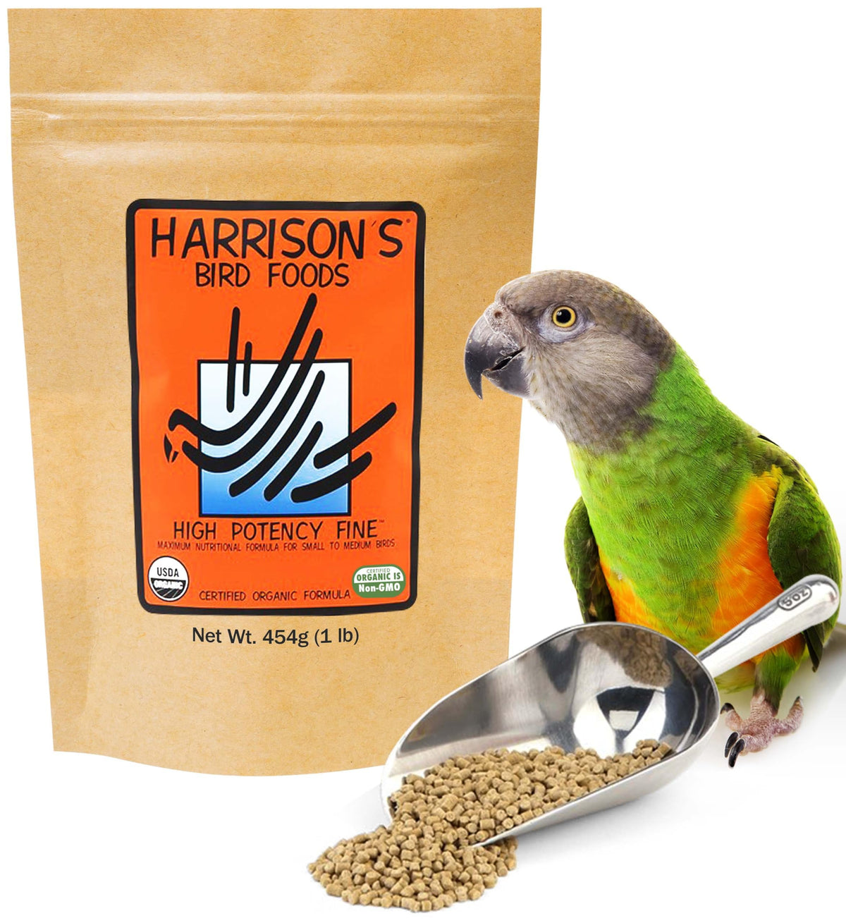 Harrison's High Potency Fine packaging image shows organic pellets for balanced small-to-medium bird diets.