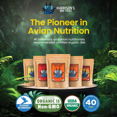 Harrison's High Potency Fine pellets in a bowl illustrate a complete, easy-to-provide meal.