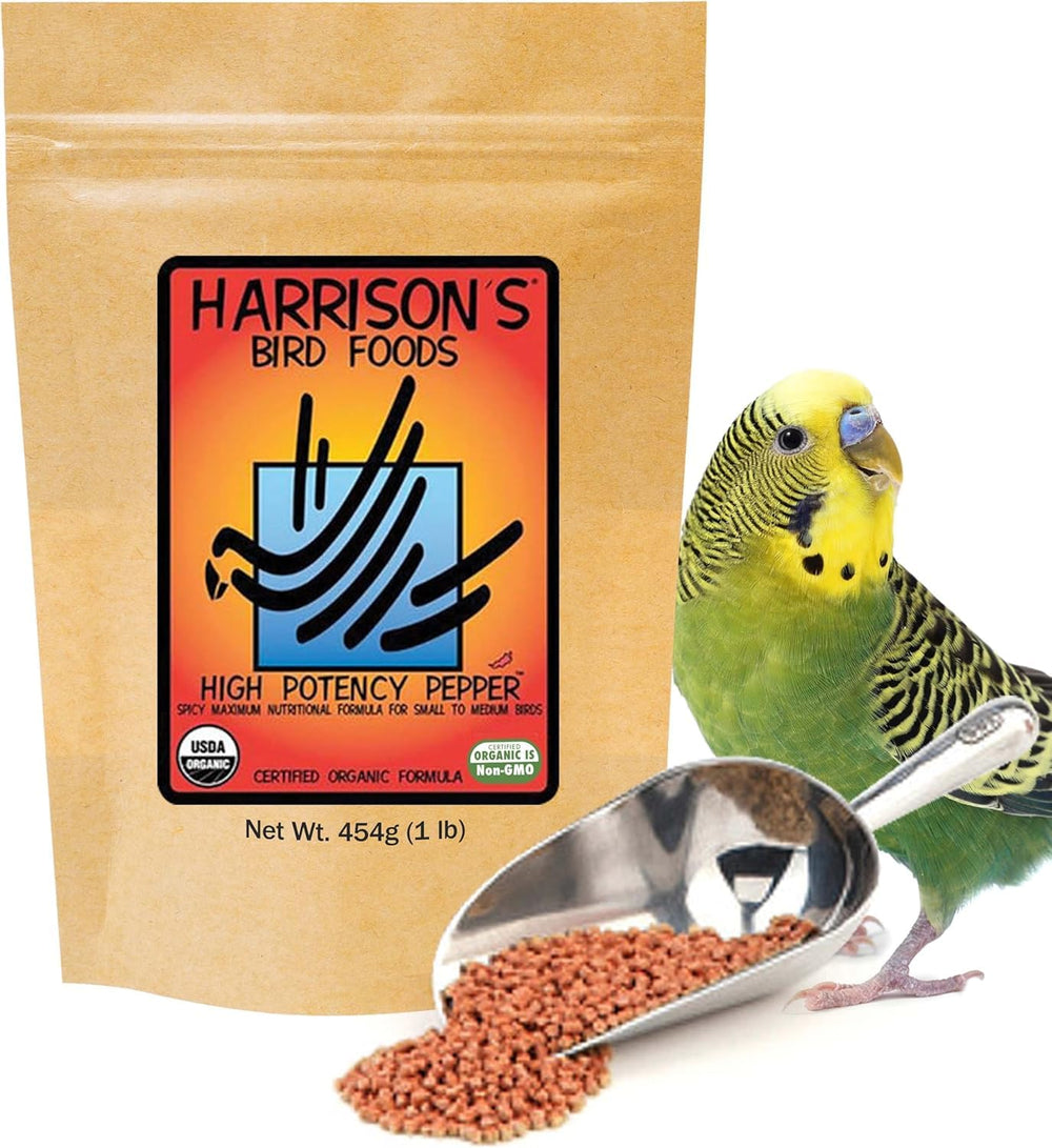Harrison's High Potency Pepper packaging highlights organic ingredients for small birds.