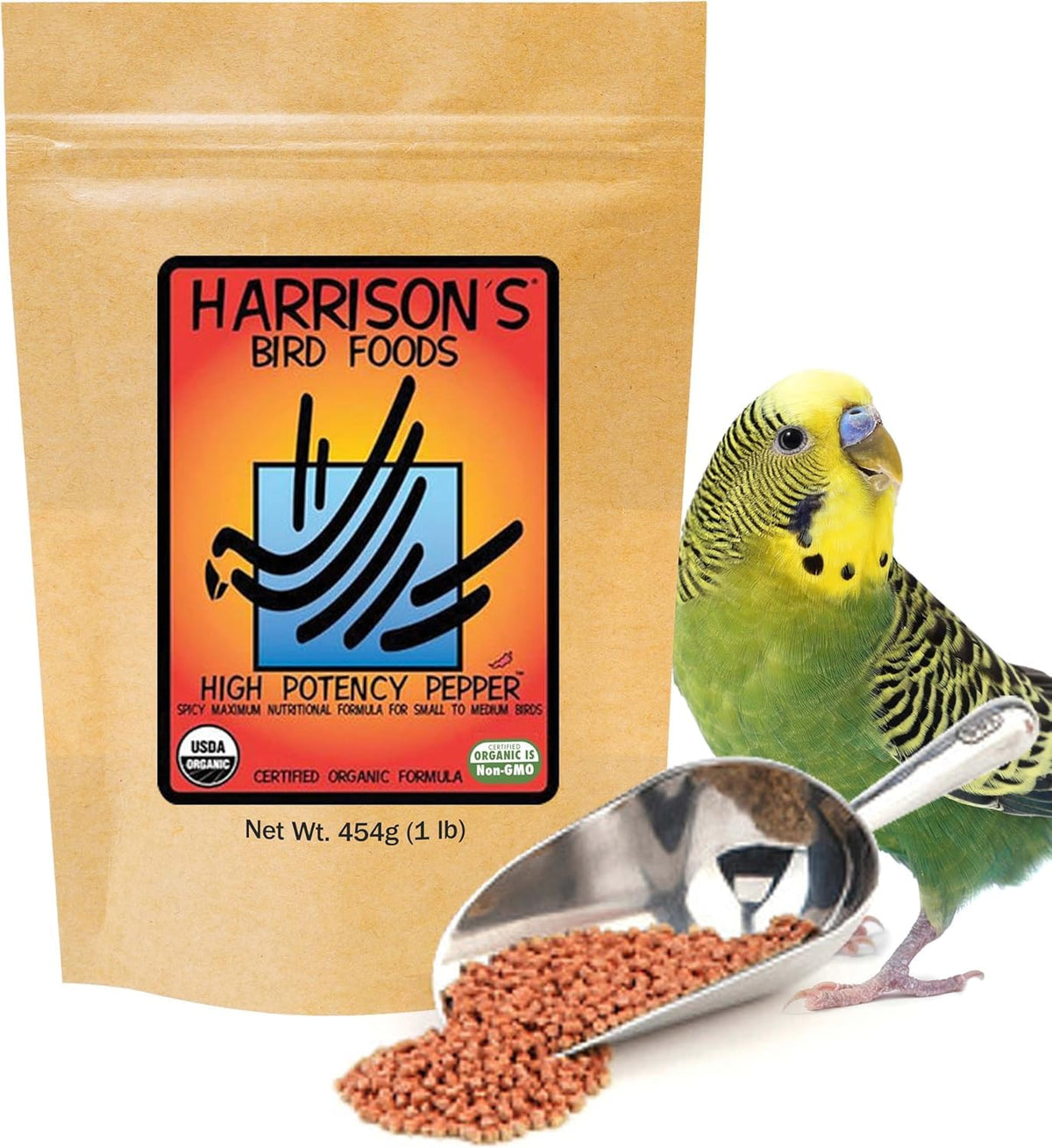 Harrison's High Potency Pepper packaging highlights organic ingredients for small birds.