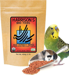Harrison's High Potency Pepper packaging highlights organic ingredients for small birds.