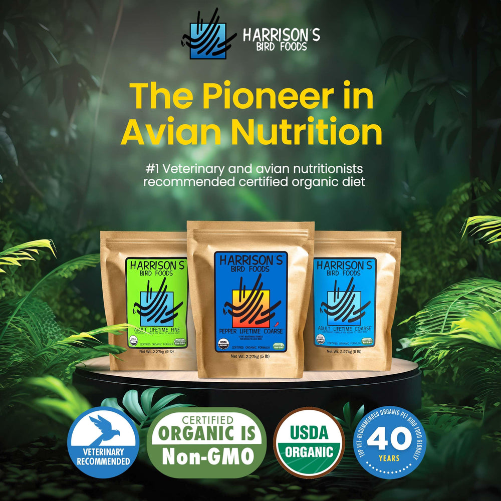 Harrison's Pepper Lifetime Coarse in feeding bowl demonstrating balanced nutrition for medium to large birds
