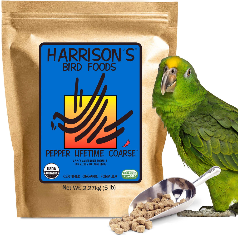 Harrison's Pepper Lifetime Coarse jar label shows certified organic ingredients for long-term bird health