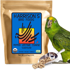 Harrison's Pepper Lifetime Coarse jar label shows certified organic ingredients for long-term bird health