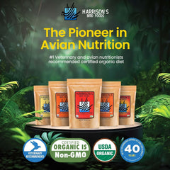 Harrison's High Potency Coarse bird bowl showing protein and omega balanced daily feeding