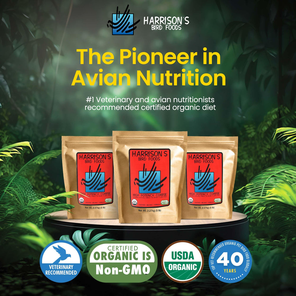 Harrison's High Potency Coarse ingredients image highlights organic grains and legumes.