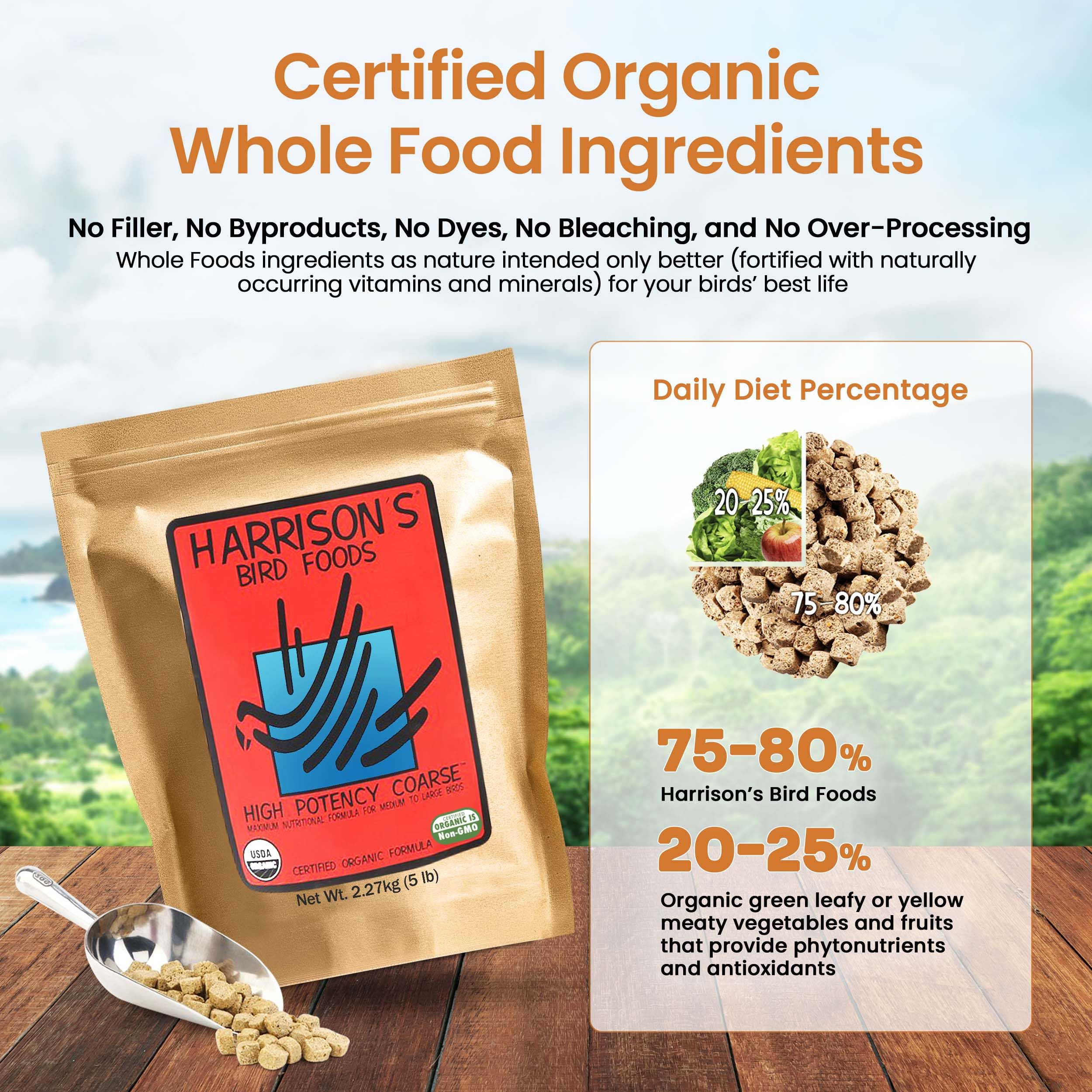Harrison's High Potency Coarse macaw snack illustrates energy-supporting diet.