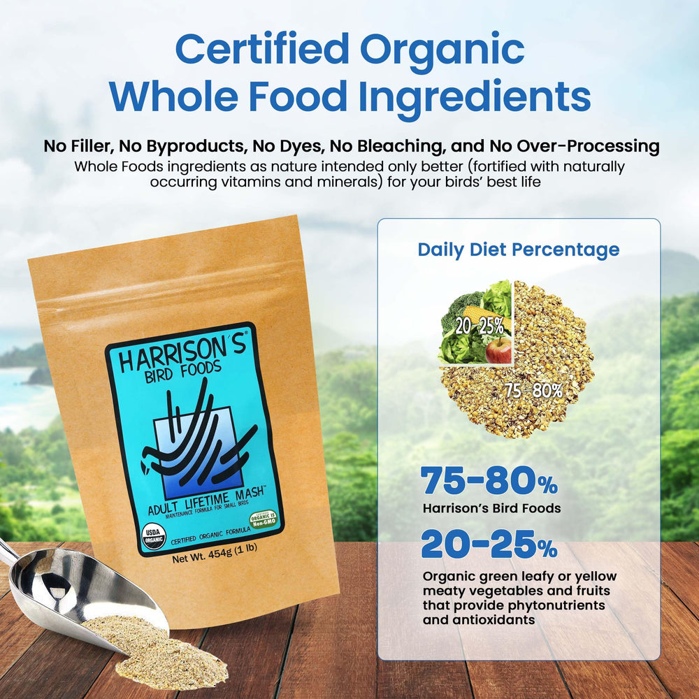 Certified organic, non-GMO Harrison's bag signals natural, minimally processed nutrition.