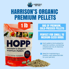 Harrison's ingredients closeup highlights organic grains and absence of soy