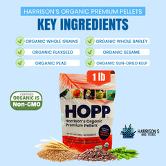 Harrison's Pellets packaging shows certified organic label and resealable design