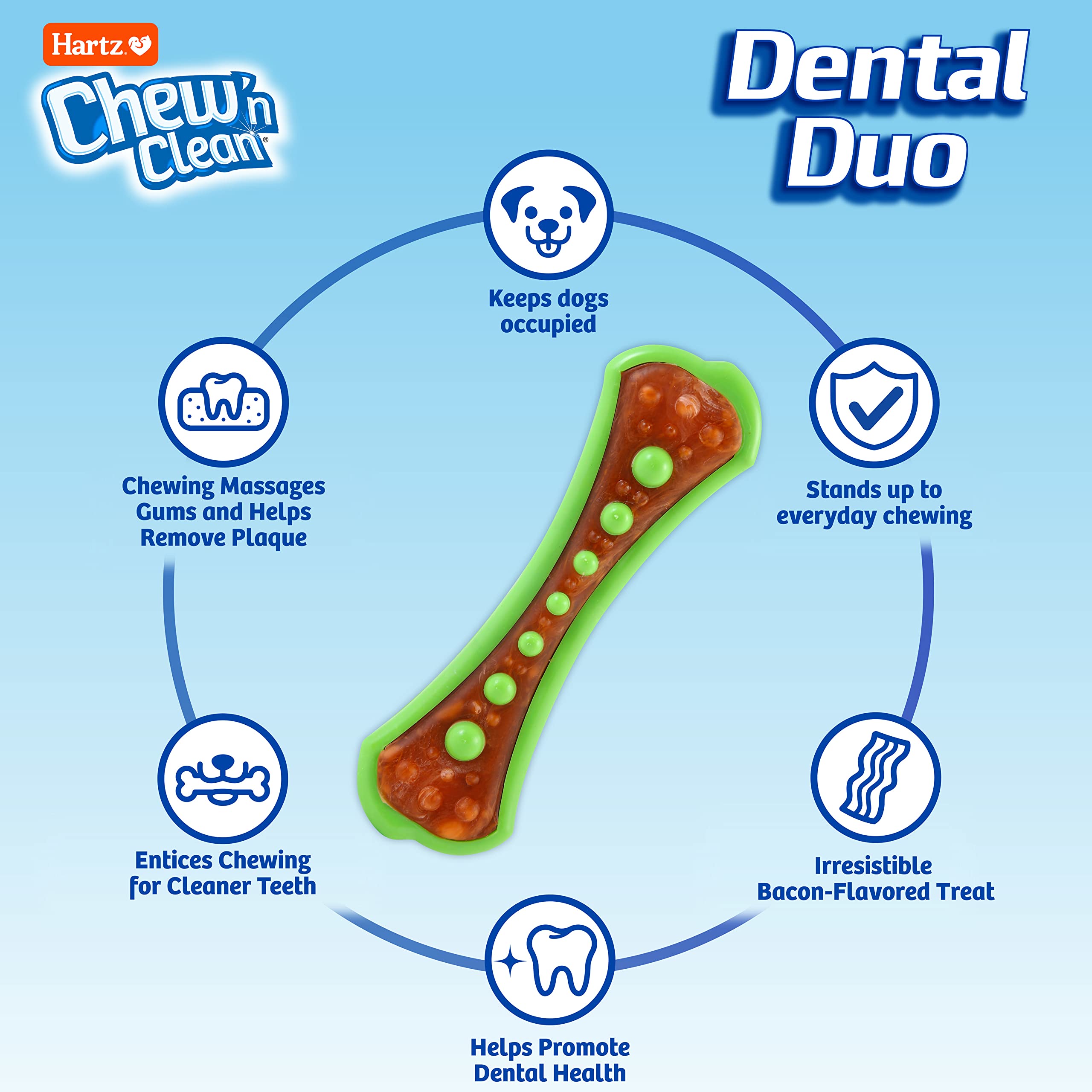 Hartz Chew ’n Clean Dental Duo center treat—bacon flavor for tasty engagement.