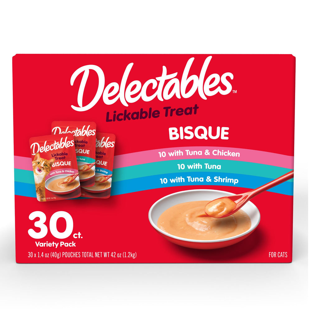 Hartz Delectables Bisque chicken-tuna pouch highlights a flavorful protein blend for mealtime appeal