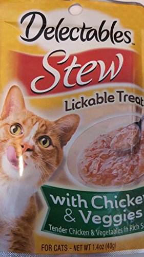 Hartz Delectables Stew packaging shows a convenient four-pack for daily cat treats.