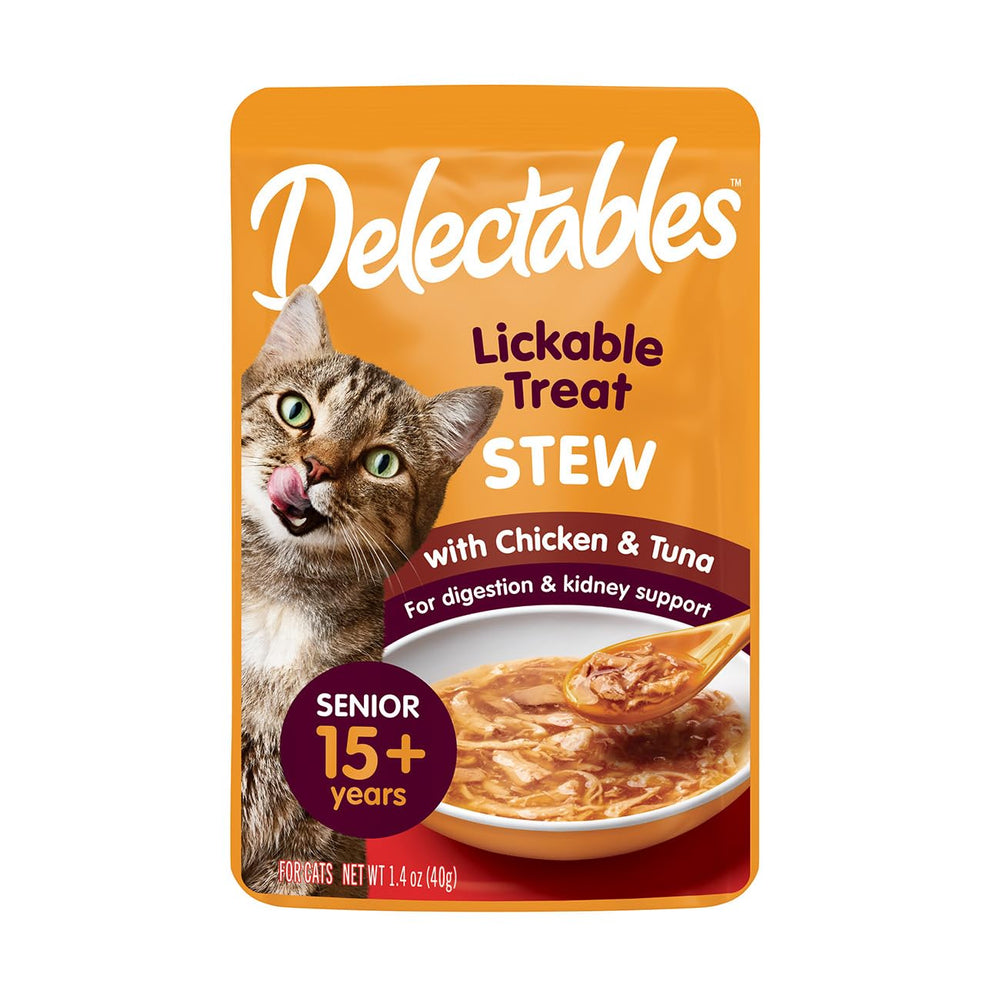 Hartz Delectables Stew lickable senior chicken-tuna 4-pack entices picky eaters with savory gravy