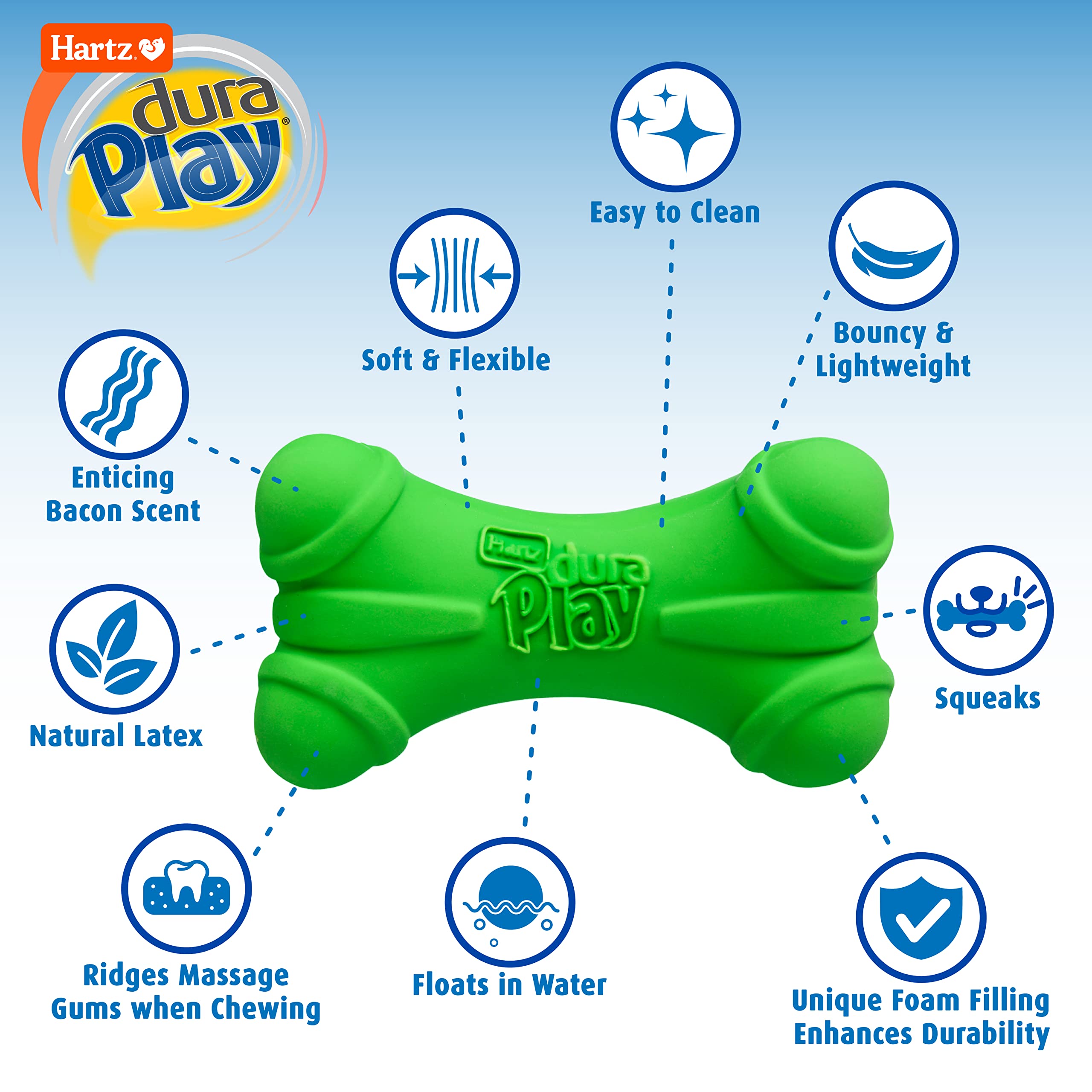 Hartz DuraPlay 3-pack display showing varied shapes for multi-dog households.