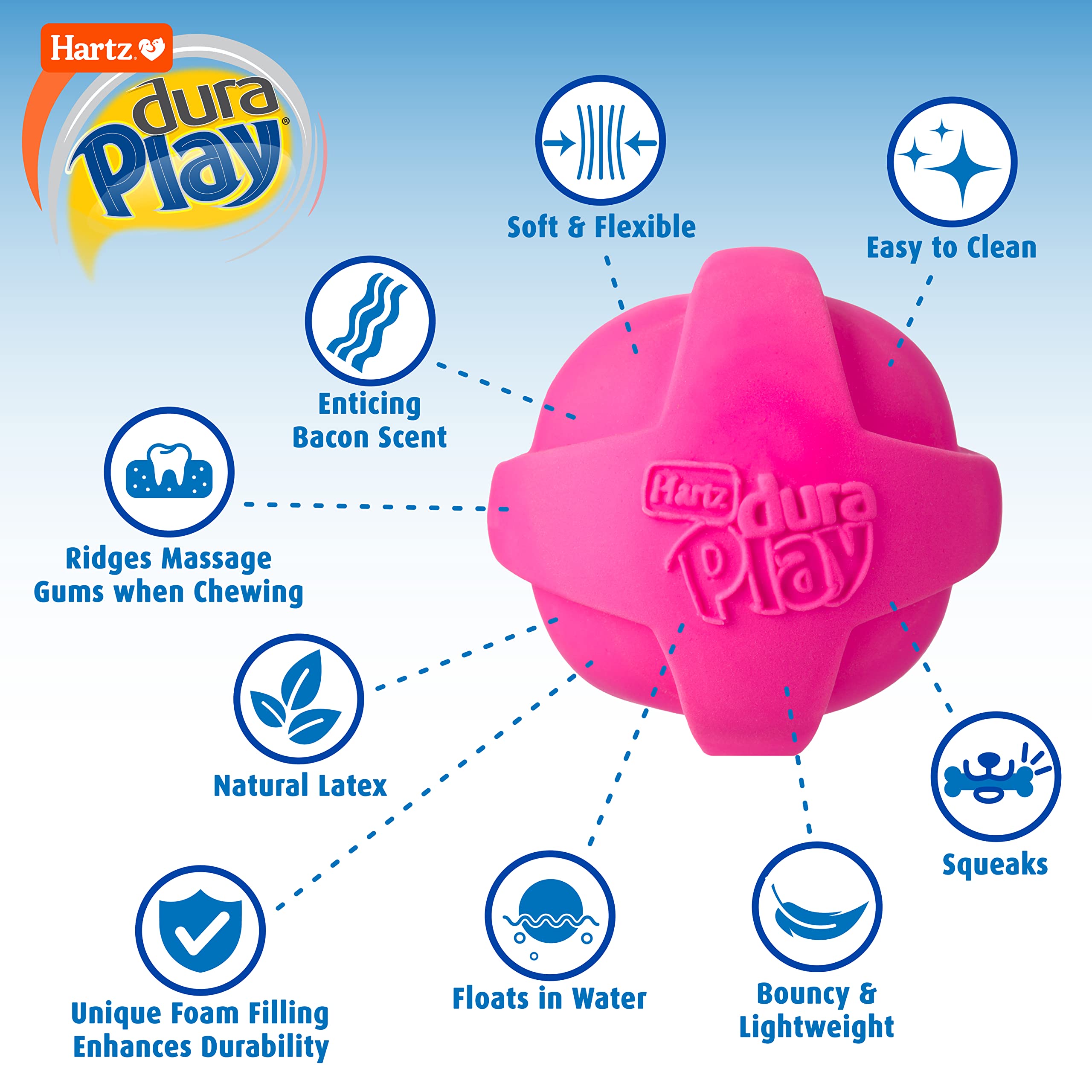 Hartz DuraPlay foam-core interior adds a chewy, bouncy sensation during play.