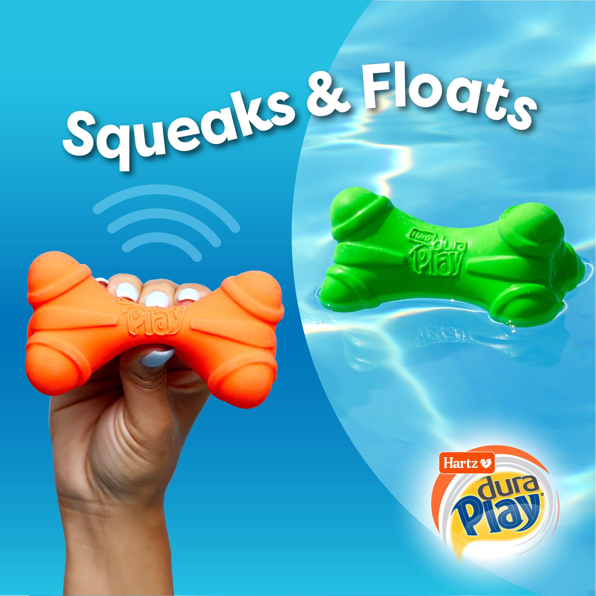 Hartz DuraPlay dumbbell squeaker toy encourages active play and helps refresh playtime.