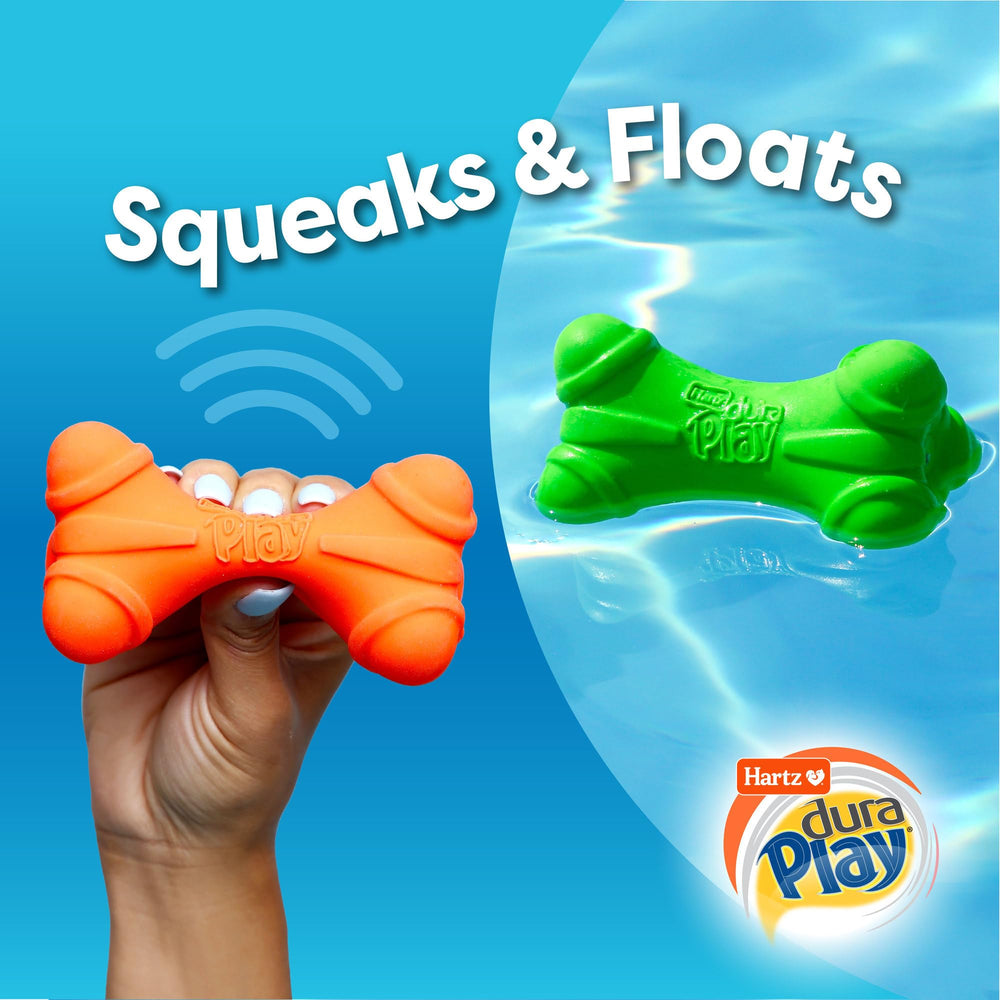 Hartz DuraPlay dumbbell squeaker toy encourages active play and helps refresh playtime.