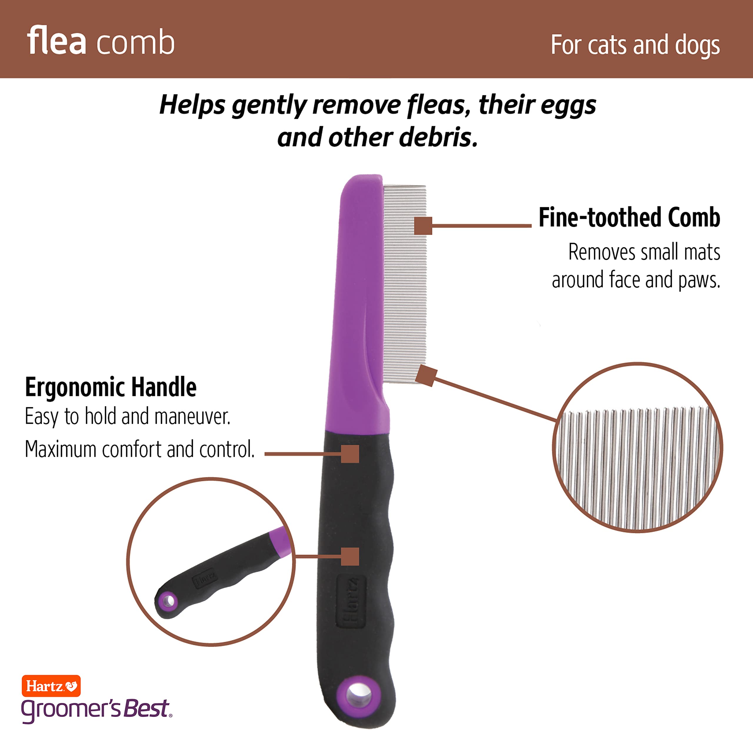 Hartz Groomer's Best Flea Comb detangles mats around the face and paws.