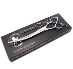 HASHIMOTO dog grooming scissors symmetrical handle enables effortless up-down use.