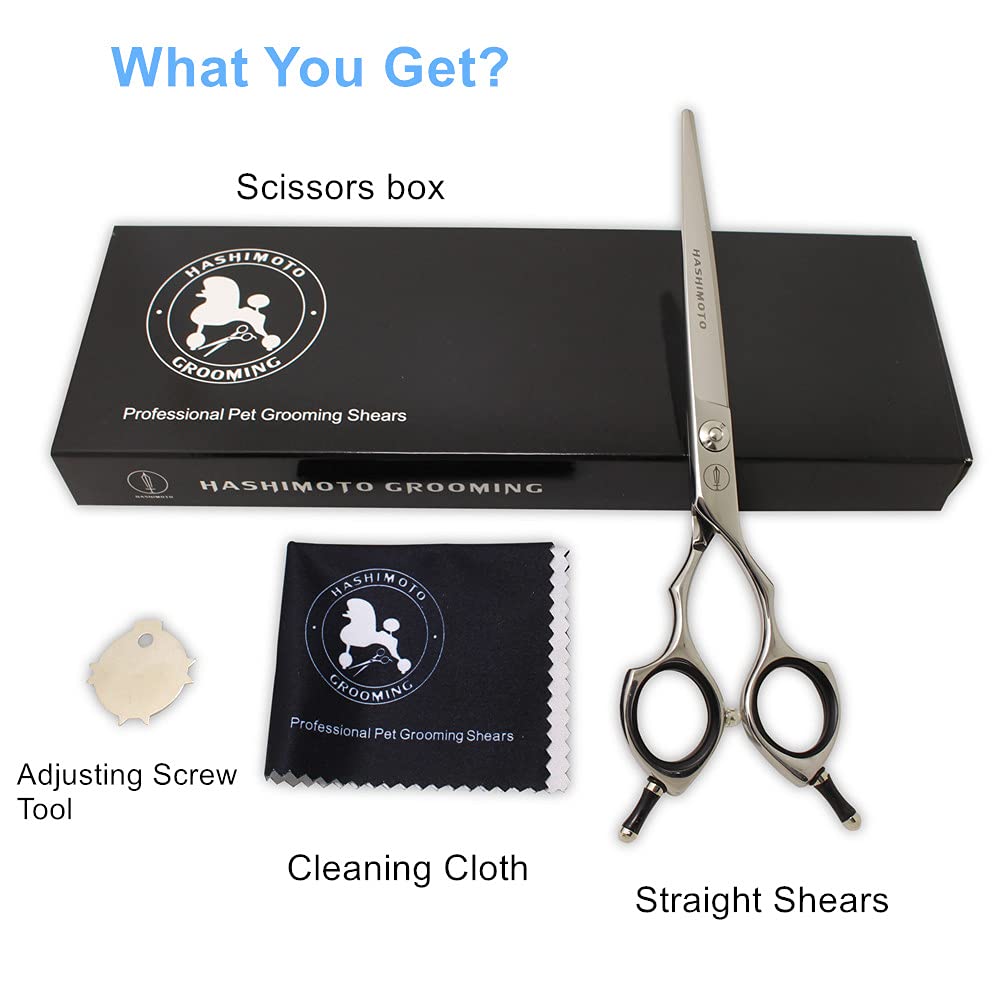 HASHIMOTO dog straight scissors package-included view with cleaning cloth and adjusting tool.