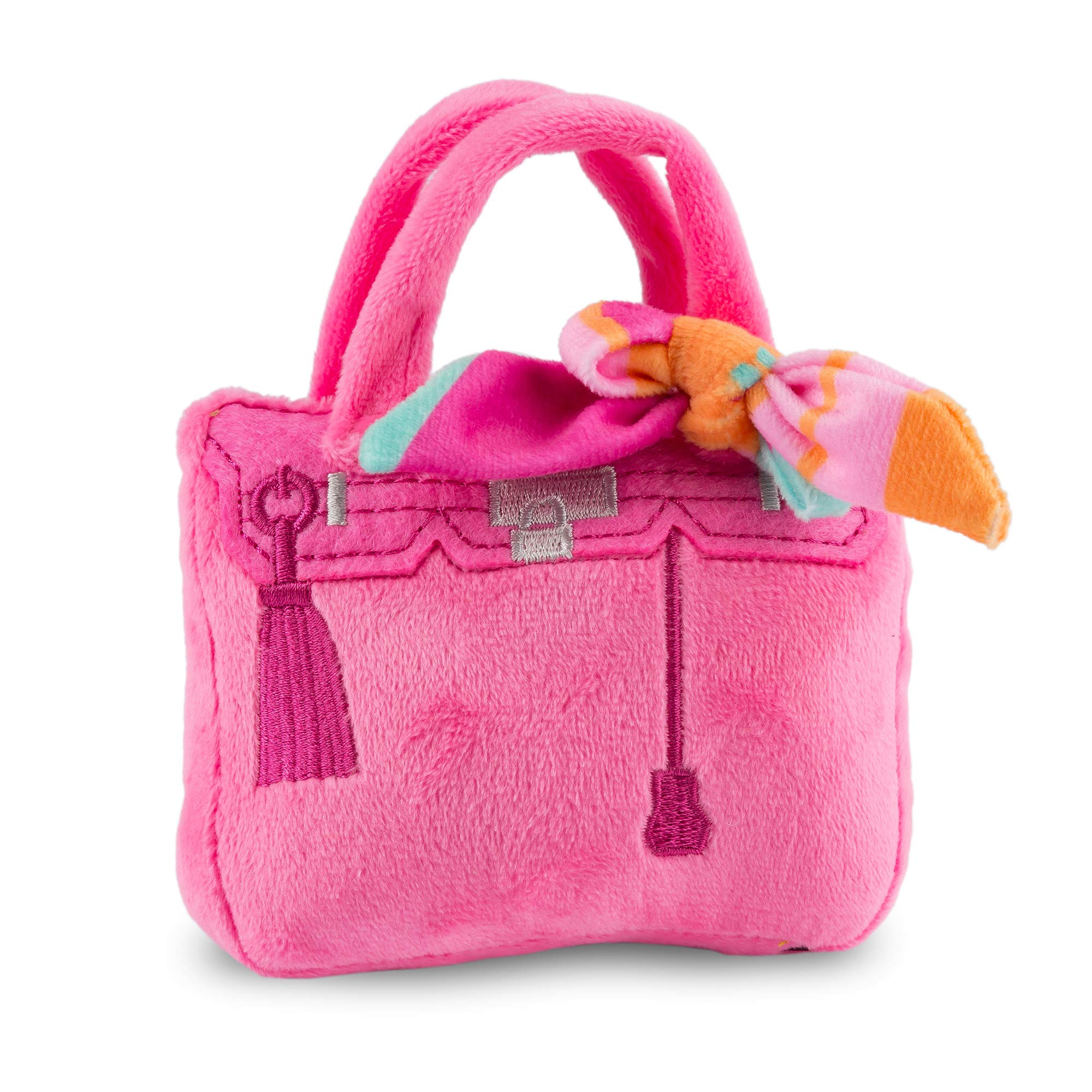 Haute Diggity Dog Barkin Bag with Scarf, pink plush exterior for stylish fetch and cuddles.