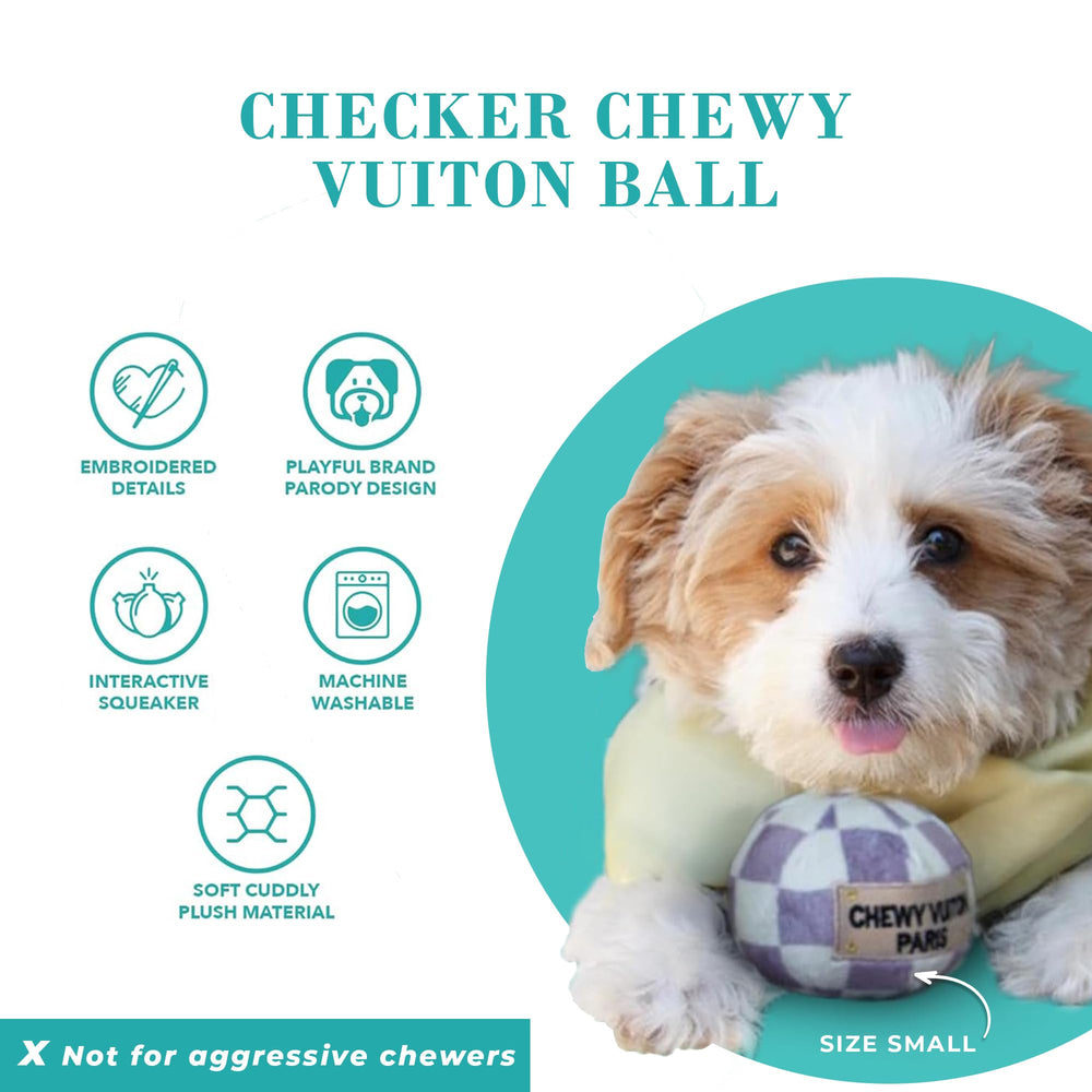 Haute Diggity Dog Checker Chewy Vuiton Ball closeup shows embroidered details for charm