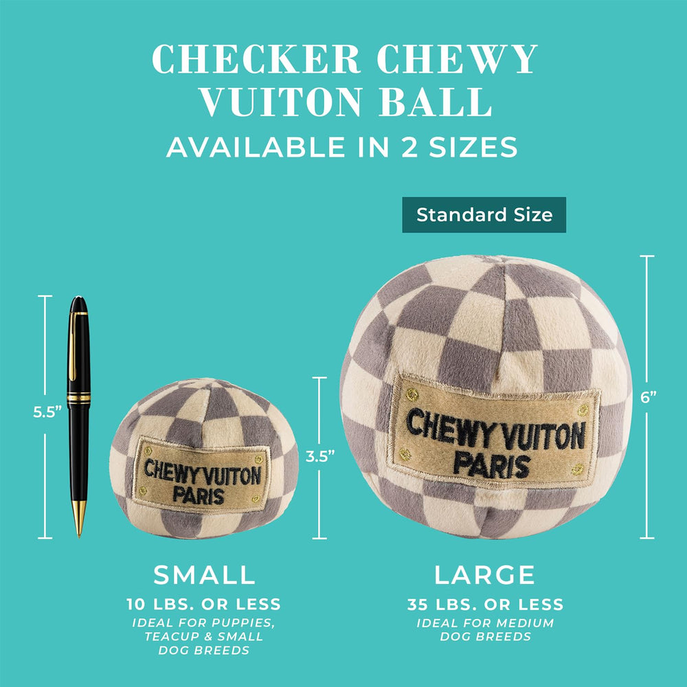 Haute Diggity Dog Checker Chewy Vuiton Ball squeaker keeps dogs engaged
