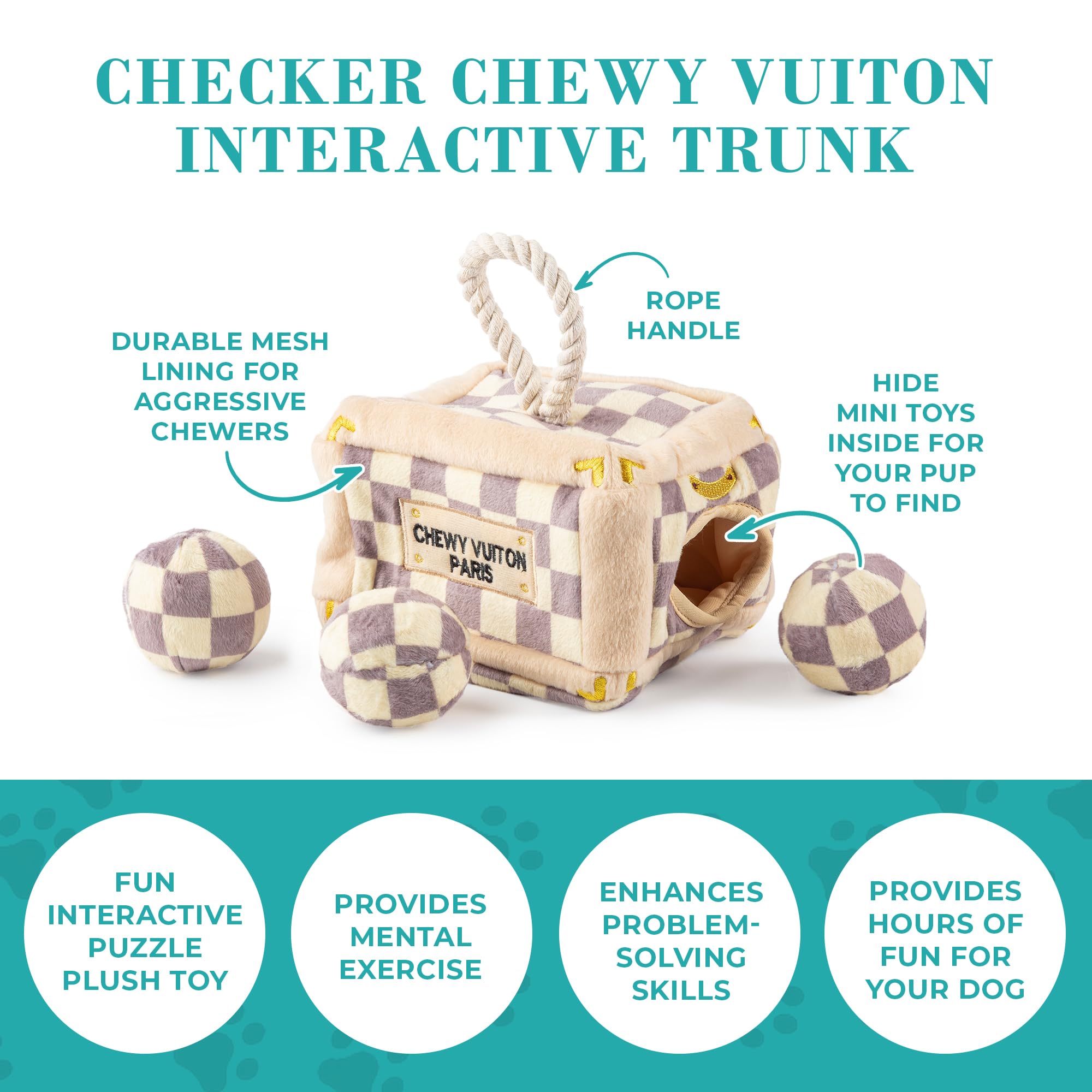 Haute Diggity Dog Checker Chewy Vuiton ball image demonstrates a 2.5 inch interactive play element.