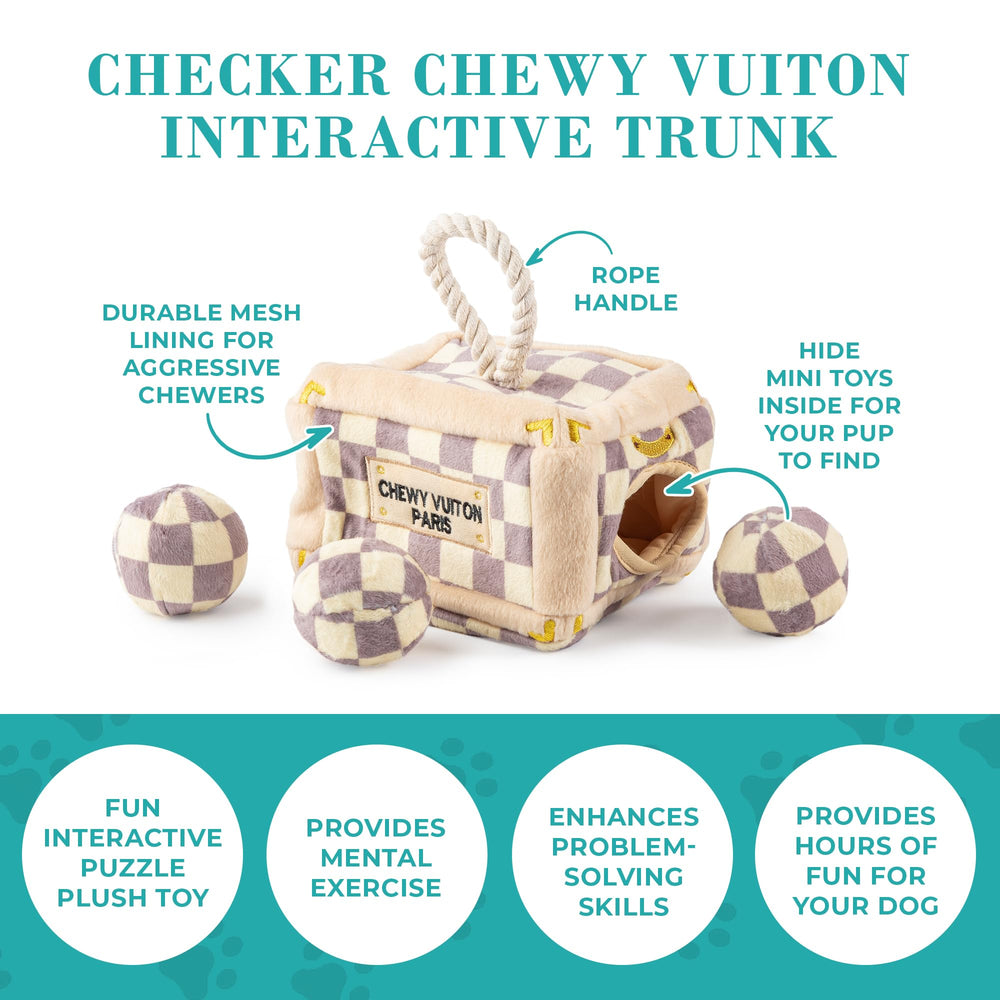 Haute Diggity Dog Checker Chewy Vuiton ball image demonstrates a 2.5 inch interactive play element.