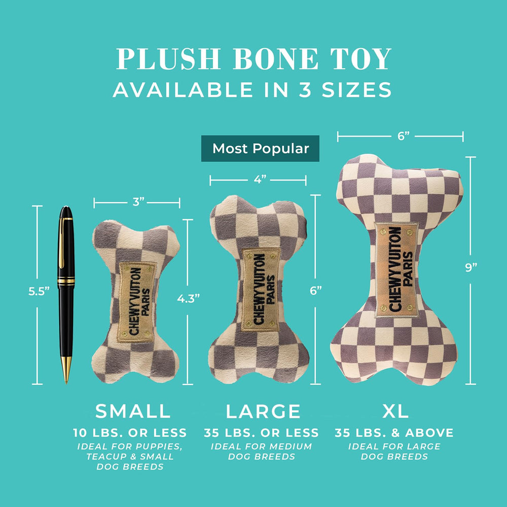Haute Diggity Dog Checker Chewy Vuiton Bone XL checker-pattern fabric highlights stylish chew sessions.