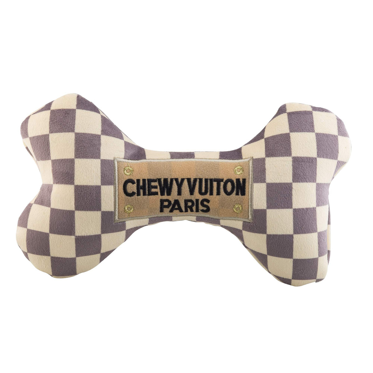Haute Diggity Dog Checker Chewy Vuiton Bone XL closeup squeaker for interactive play.