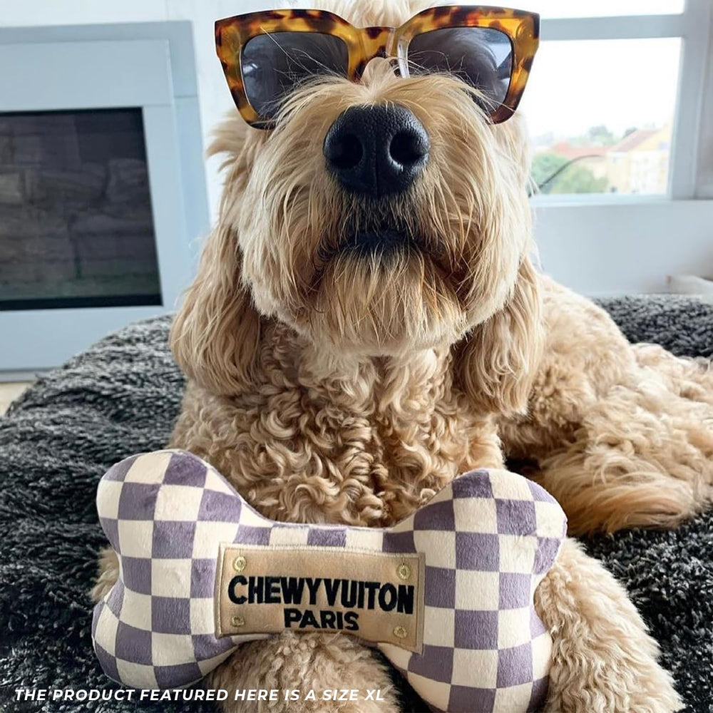 Haute Diggity Dog Checker Chewy Vuiton Bone XL machine-washable plush for easy cleaning.