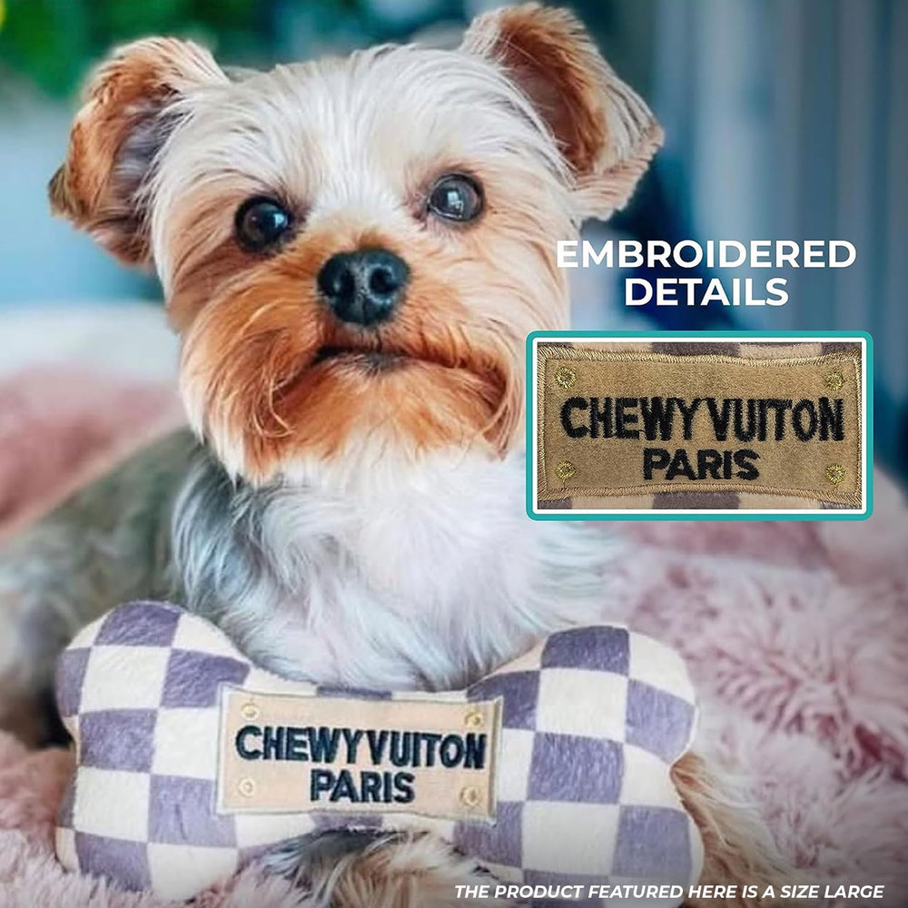 Haute Diggity Dog Checker Chewy Vuiton Bone XL plush exterior for soft cuddles and tug.