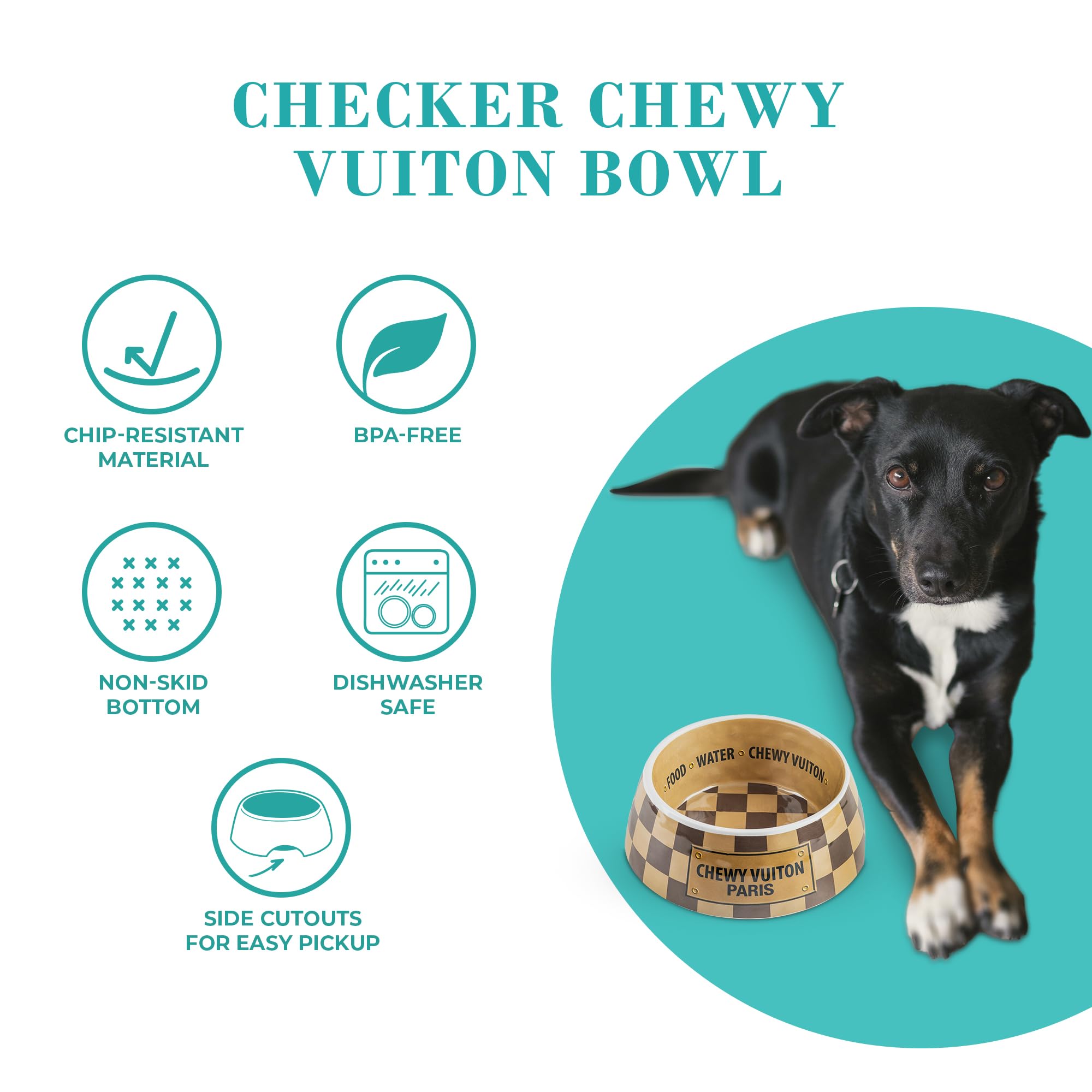 Haute Diggity Dog Checker Chewy Vuiton bowl label close-up confirms dishwasher-safe feature.