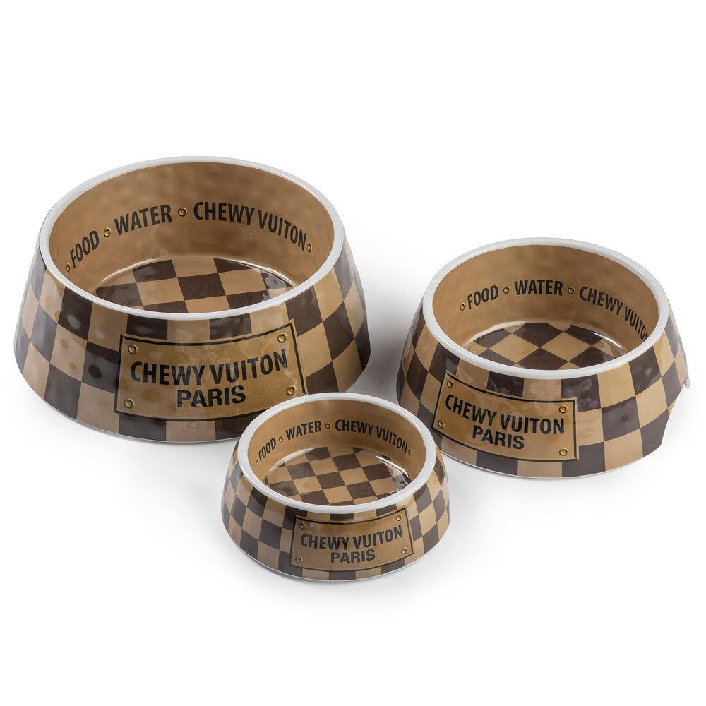Haute Diggity Dog Checker Chewy Vuiton bowl gift-ready packaging for stylish pets.