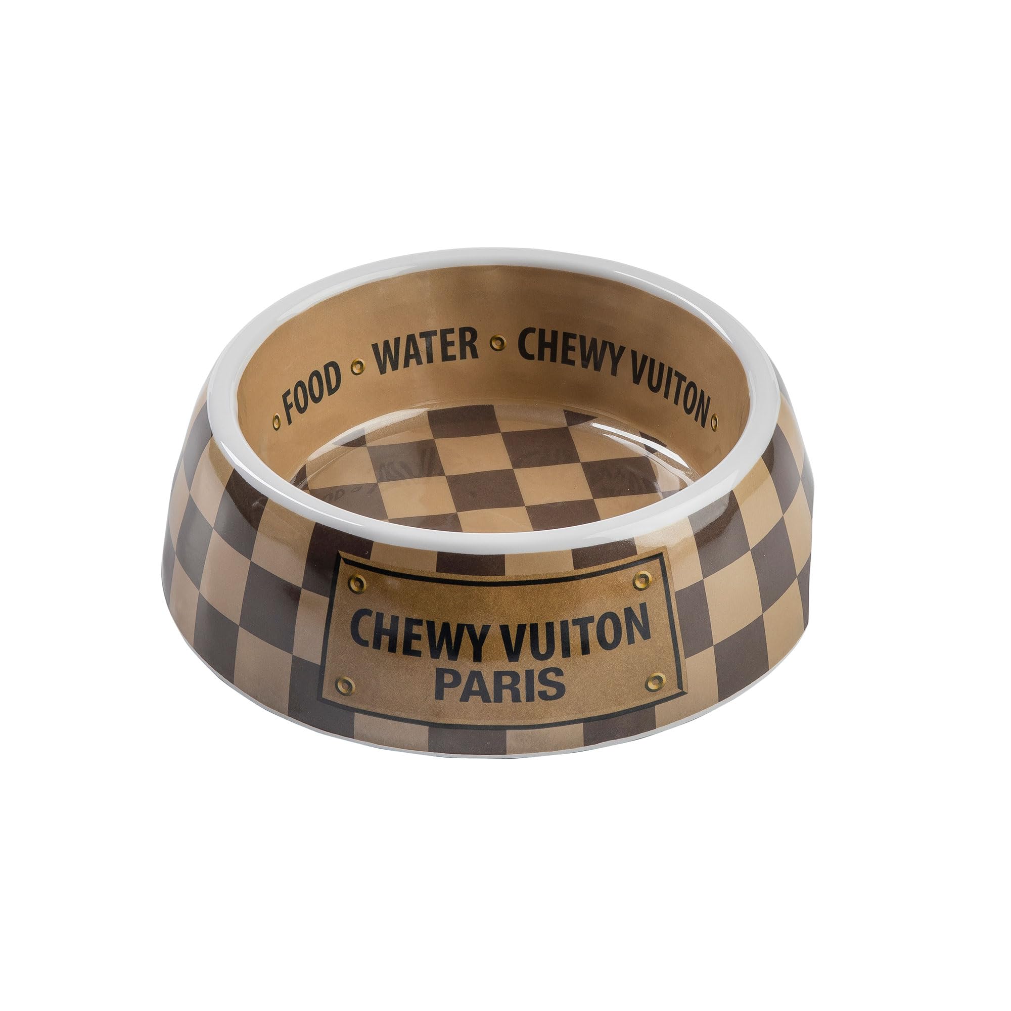 Haute Diggity Dog Checker Chewy Vuiton bowl pattern close-up highlighting parody luxury design.